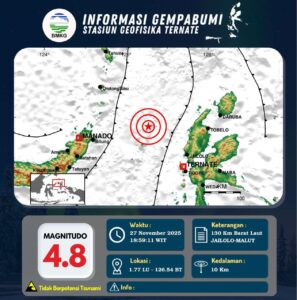 Gempa Tektonik Magnitudo 4,8 Guncang Barat Laut Jailolo, BMKG: Data Masih Dalam Pemutakhiran